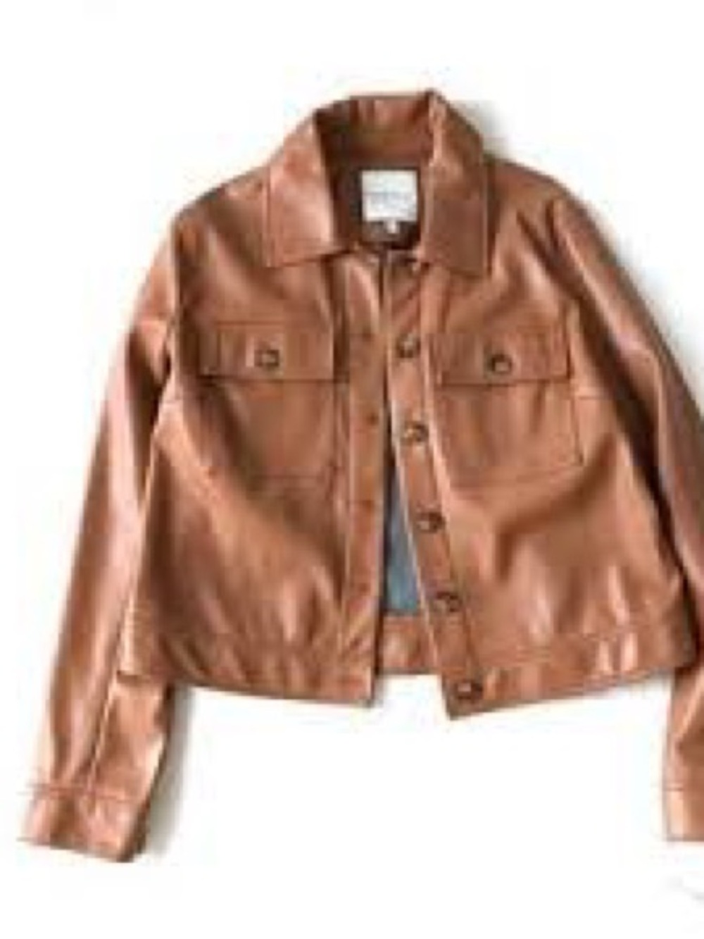 Women's Tan faux Leather Button-Front Jacket with Pocket Flap Detail